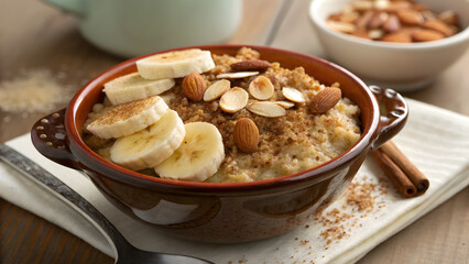 Fototapeta premium Warm Banana Quinoa Porridge with Almond Topping 