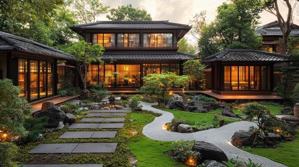 Fototapeta premium Luxurious Japanese-style home with serene garden at dusk.