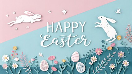 "Festive Easter Scene with Hopping White Rabbits, Colorful Eggs, and Spring Flowers on Dual Pastel Background"