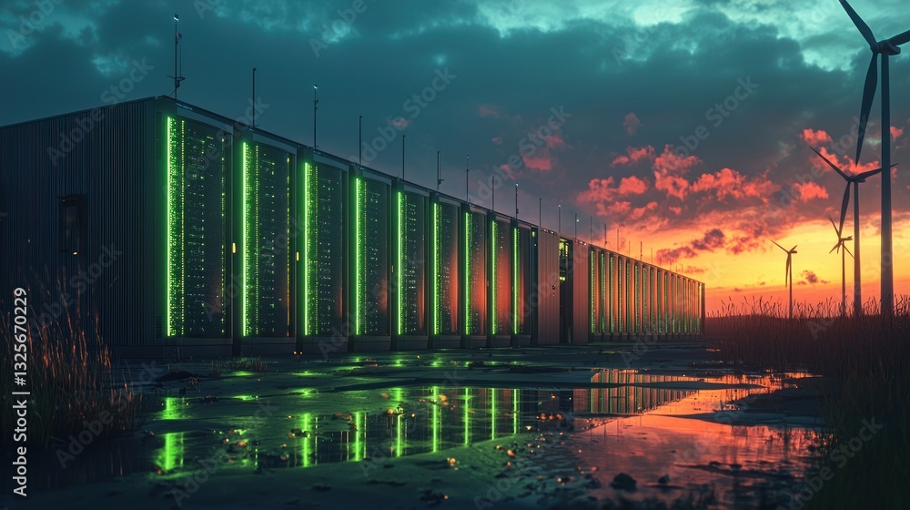 Poster a large data center building with illuminated green servers