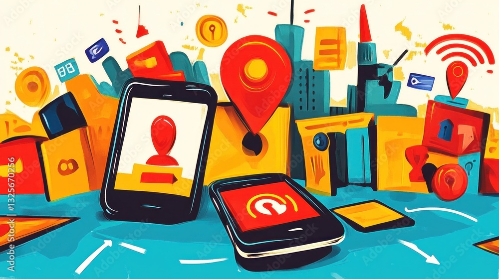 Aufkleber smartphones and location data symbolize communication and navigation technologies