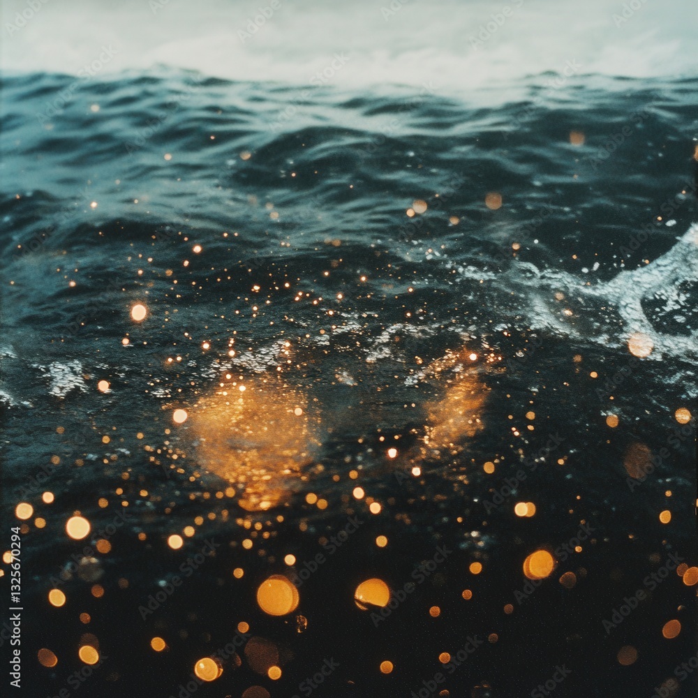 Poster a mesmerizing underwater scene showcasing shimmering golden light reflecting off dark ocean waves, c