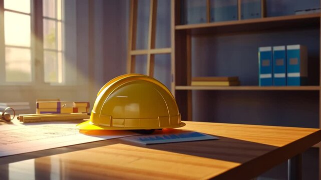 Architectural Design Studio: Yellow Hardhat on Blueprint-Covered Desk in the Morning Light