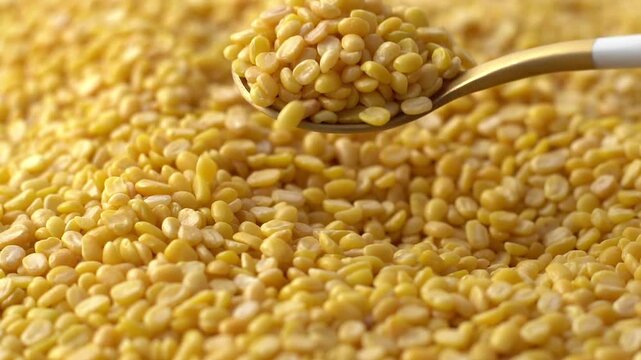 Closeup, slow motion of a gold spoon scooping and pouring raw skinned green gram beans