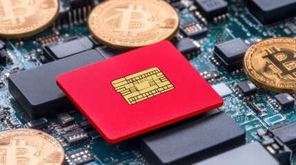 Red Microchip on Circuit Board with Gold Bitcoin Coins