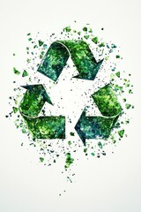 Green sustainability symbol created from shattered glass fragments on a white background