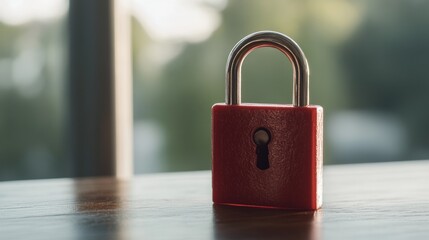 Fototapeta premium Red Padlock on Wooden Surface with Blurred Background