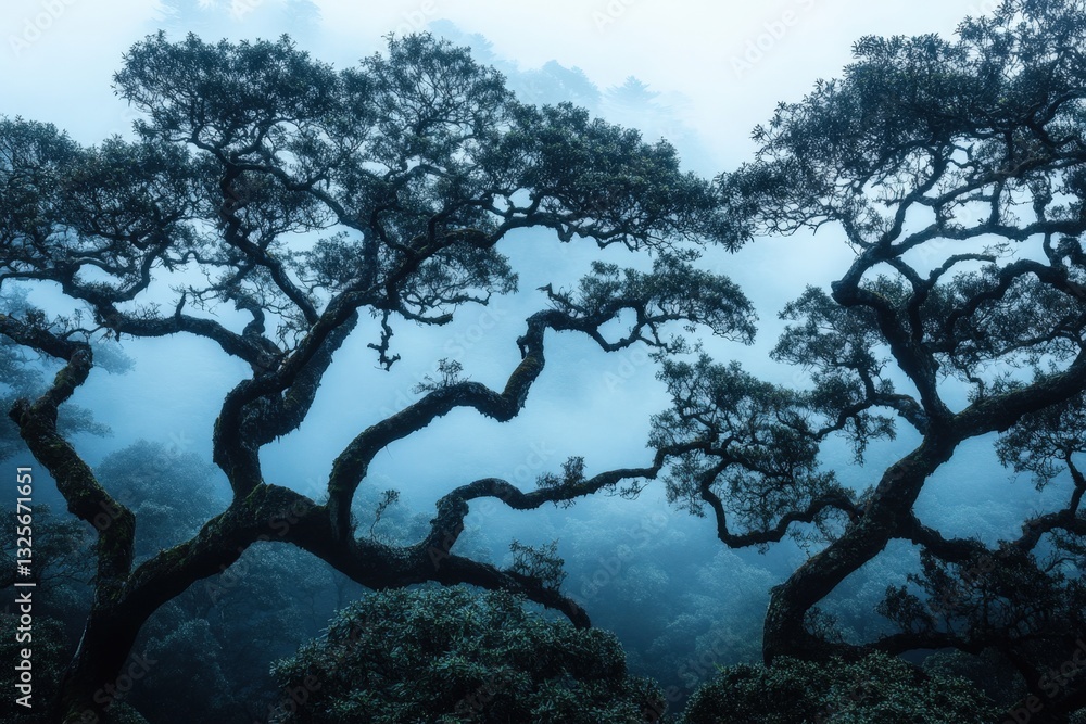 Aufkleber mystical forest scene with twisted trees and fog, creating an enigmatic atmosphere in nature's encla