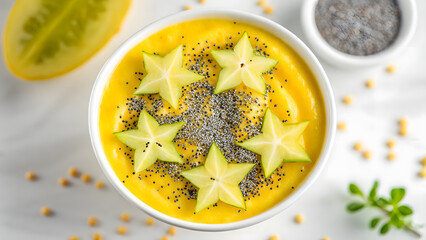 plant-based breakfast vibrant smoothie bowl vibrant tropical yellow smoothie bowl topped with starfruit and chia seeds