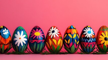 Beautifully decorated Easter eggs displayed in a row against pink