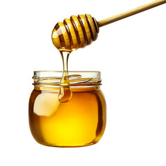 Honey Dripping from Dipper into Jar Isolated on Transparent Background