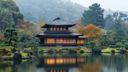 Naklejka premium Illuminated Japanese pagoda reflected in calm pond at autumn.