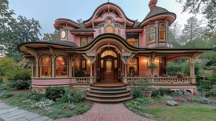 Obraz premium Pink Victorian house with wrap-around porch, garden, and brick pathway.