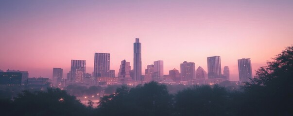 Fototapeta premium A hazy city skyline with buildings under a colorful twilight sky