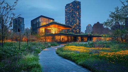 Fototapeta premium Modern building with green roof in a vibrant city park at dusk.