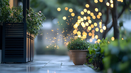 Fototapeta premium A nighttime outdoor scene featuring plants and decorative lighting