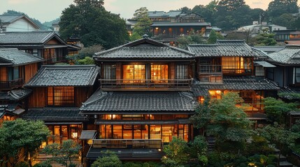 Obraz premium Illuminated traditional Japanese houses at dusk.