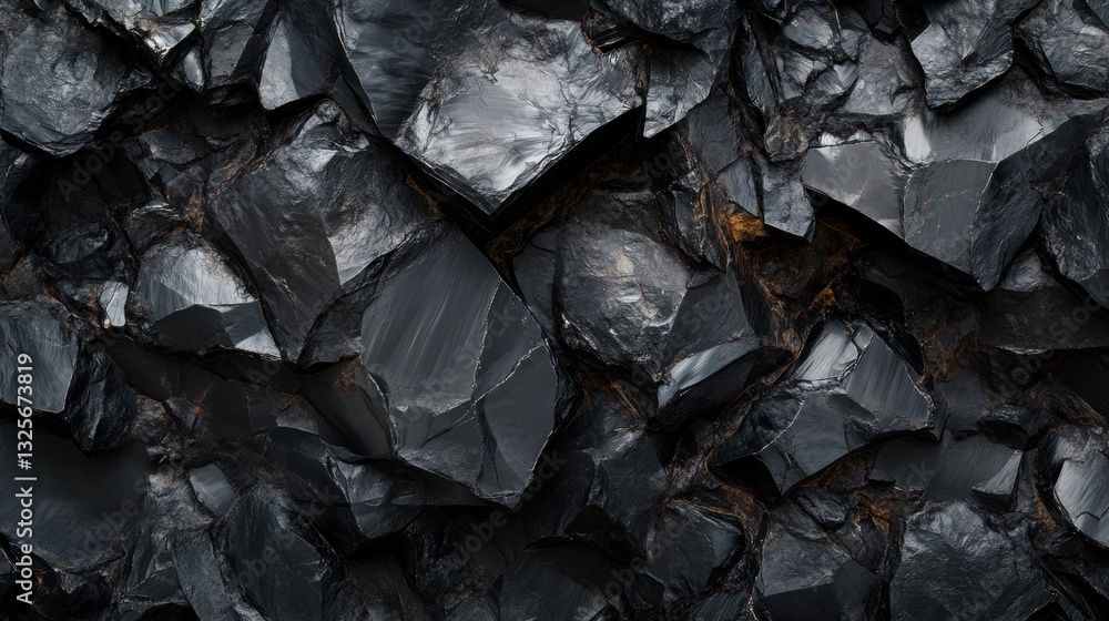 Poster close-up view of dark volcanic rock formation with sharp edges and glossy surface ideal for natural 