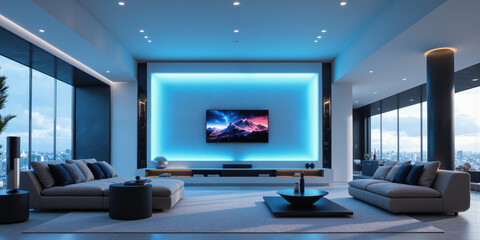 Futuristic living room in ultramarine blue, with AI-powered entertainment systems that suggest movies and music based on mood and preferences