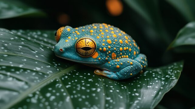 close-up of a rare exotic frog on a giant wet leaf in the jungle
