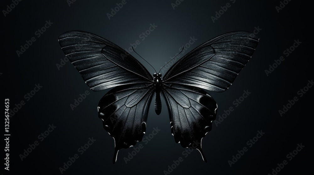 Poster elegant black butterfly on a dark background with intricate wings displaying stunning details and be