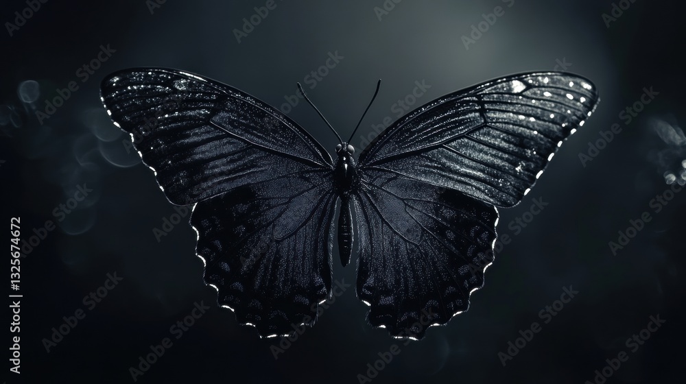 Aufkleber majestic black butterfly with dew droplets displaying intricate patterns against a soft focus backgr