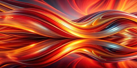 Obraz premium Abstract fluid waves in red and orange hues, creating a mesmerizing optical illusion as they merge and diverge with stunning reflections and highlights, colorful, highlight