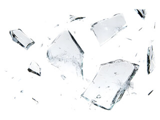 This image shows broken pieces of glass floating against a black background, suggesting damage and destruction.