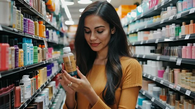 Woman shopping for skincare products in a beauty store aisle