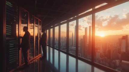 Silhouetted Figures Working in a Modern Data Center at Sunset Overlooking a City