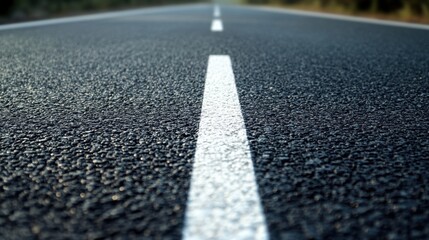 Close-Up View of a Freshly Painted White Line on a Paved Asphalt Road Surrounded by Greenery in a Sunny Outdoor Setting