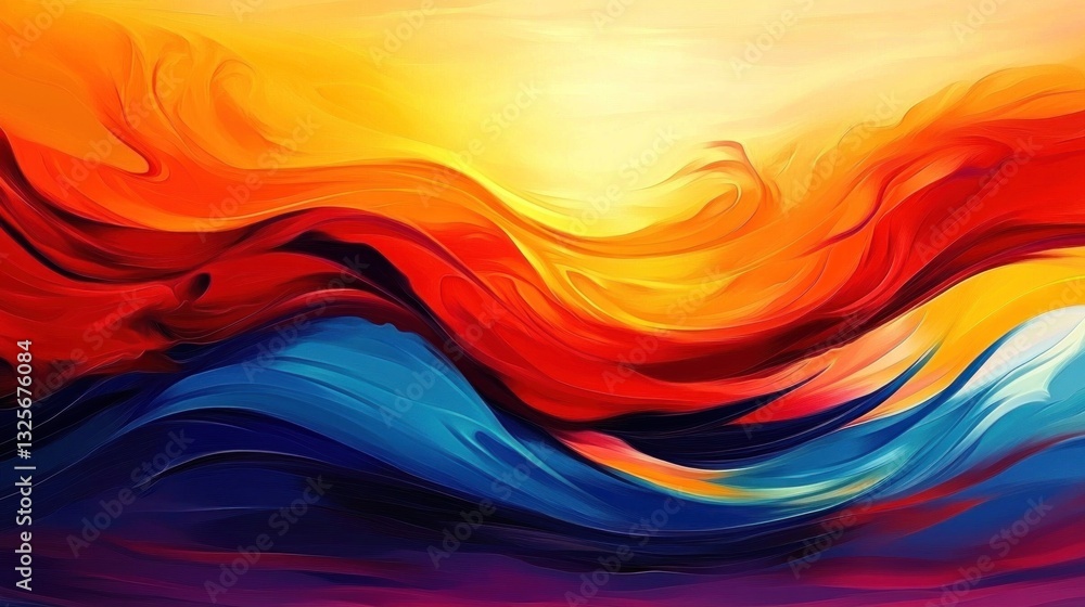 Poster colorful abstract painting of swirling layered forms and patterns