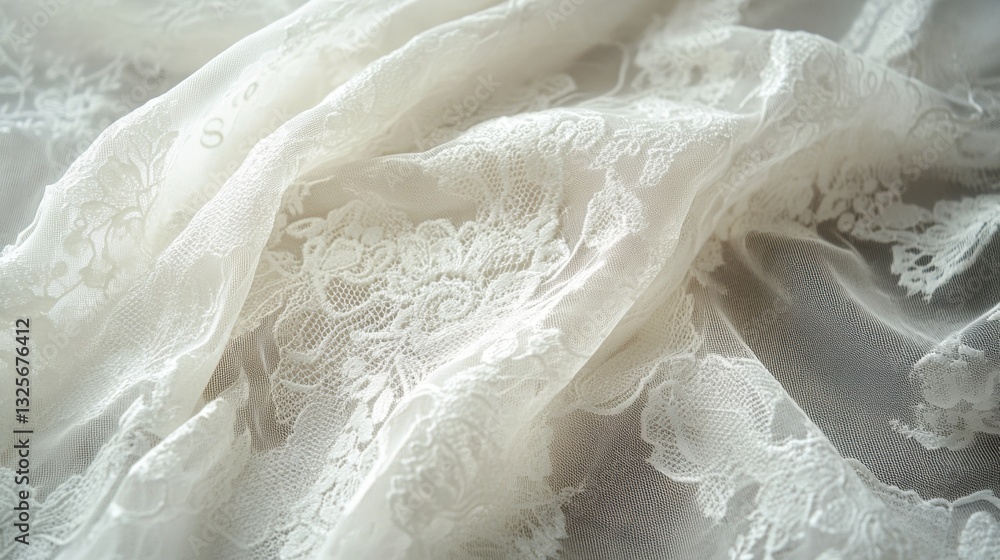 Poster delicate ivory lace fabric draped elegantly creating a soft and romantic texture with intricate flor