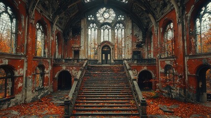Obraz premium Autumn leaves cover the grand staircase of a decaying, red-brick mansion's interior.