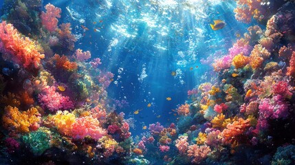Fototapeta premium Vibrant coral reef teeming with colorful fish and sunlight. (2)