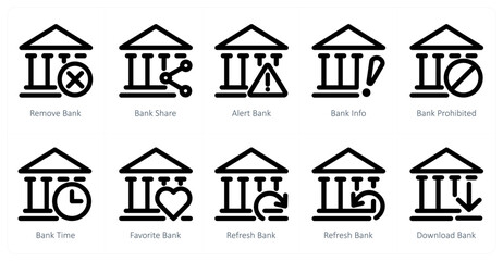 Fototapeta premium A set of 10 micro icons as remove bank, bank share, alert bank