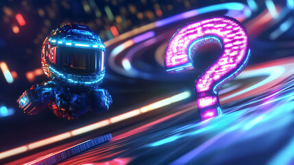 Pixelated Helmet Next To Glowing Question Mark On A Colorful Circuit Background