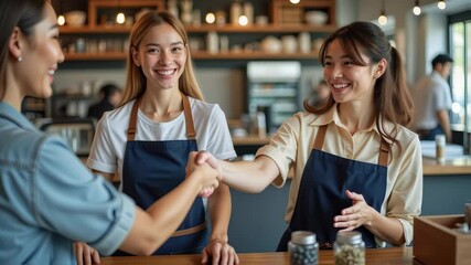 Customers and baristas engage in friendly conversation at a bustling cafe during the afternoon