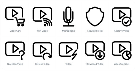 A set of 10 micro icons as video cart, wifi cart, microphone