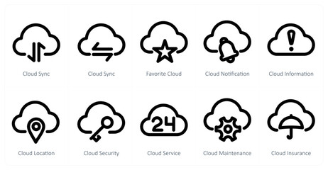 Fototapeta premium A set of 10 micro icons as cloud sync, favorite cloud, cloud notification