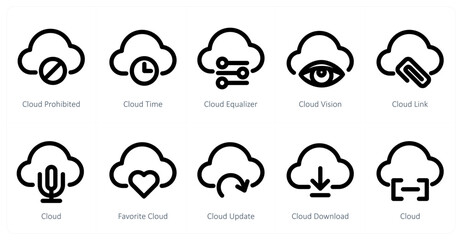 Fototapeta premium A set of 10 micro icons as cloud prohibited, cloud time, cloud equalizer