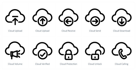 Obraz premium A set of 10 micro icons as cloud upload, cloud receive, cloud send