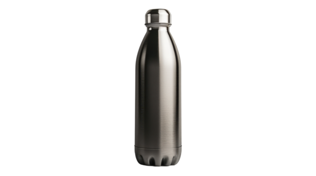 Metallic water bottle on transparent background, perfect for mockups