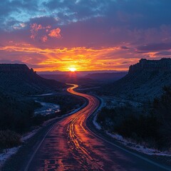 Fototapeta premium A breathtaking aerial view captures a winding road snaking through the vast desert landscape, bathed in the warm hues of a stunning sunset, with golden sands and distant mountains.
