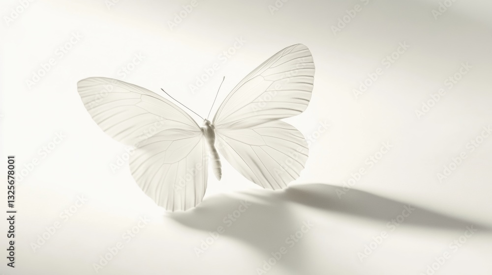 Poster ethereal white butterfly displaying delicate wings against soft white background in subtle illuminat