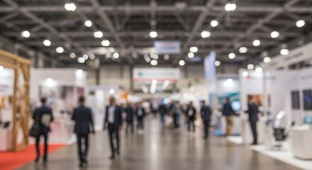 People in suits and booth displays are captured in a blurred view of a crowded indoor event under overhead lighting