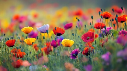 Obraz premium Vibrant Colorful Flower Field with Diverse Blooming Flora in Soft Light During Spring Season, Enchanting Nature Background for Design Projects