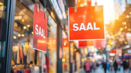 Bright Storefront with Red Sale Signs in Urban Shopping District