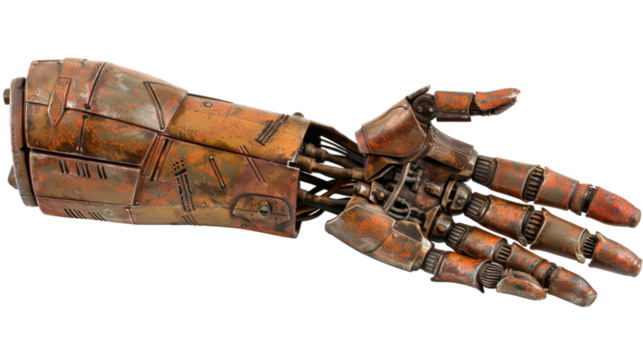 Rusty robotic arm extending on transparent background