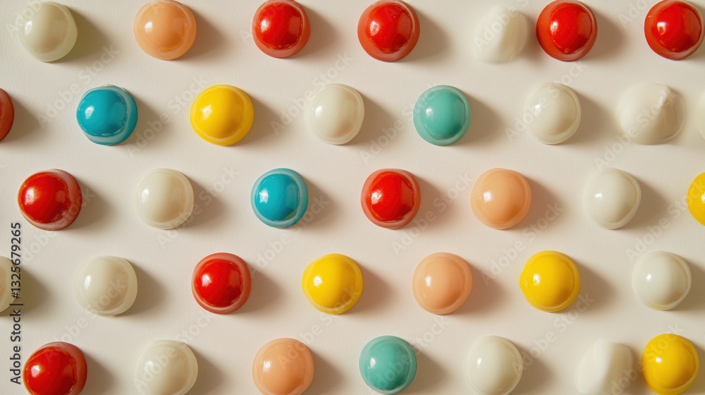 Poster colorful arrangement of glossy balls on flat background creating a playful and vibrant visual textur